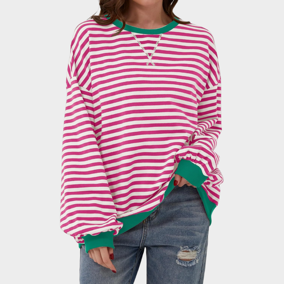 Women Casual Long Sleeve Sweatshirt – Round Neck Striped Pullover Top – Comfortable Knitwear – Multiple Colours