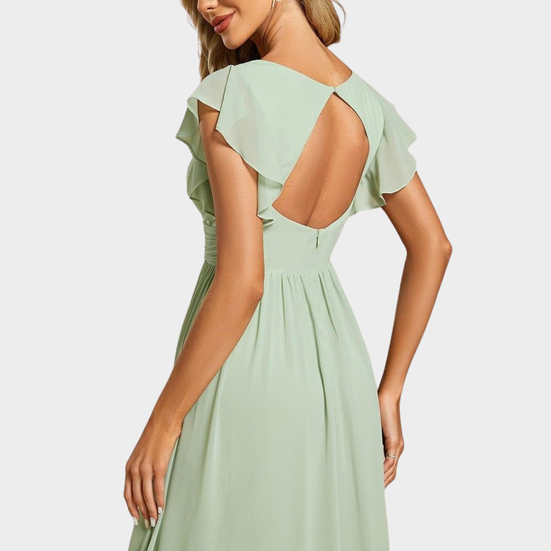 Women’s V-Neck Bridesmaid Dress – Elegant Chiffon Gown with Ruffled Sleeves and Open Back – Multiple Colours