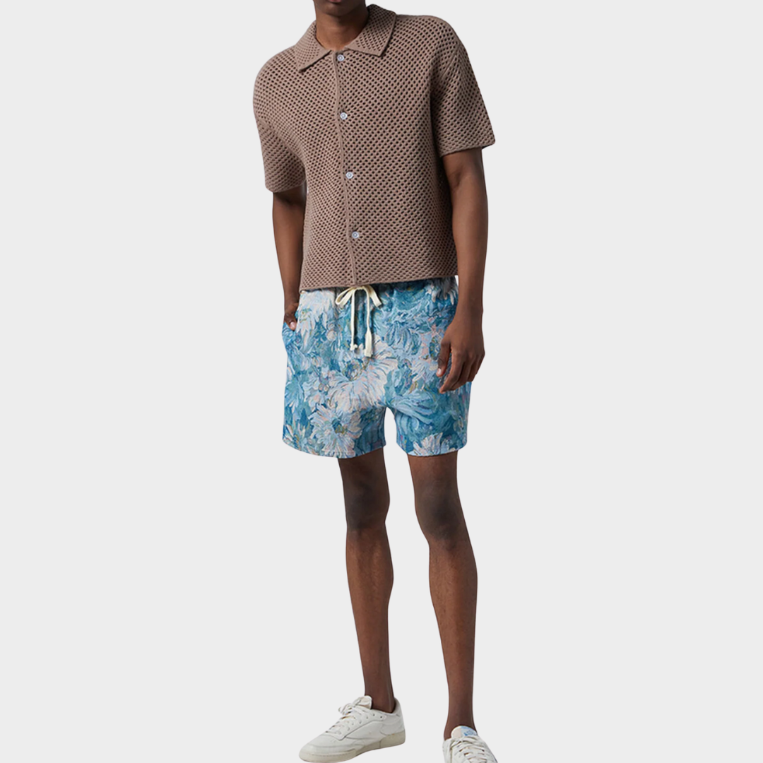 Men’s Retro Jacquard Drawstring Shorts – Casual Loose Fit Beach Pants PU Fabric – Multiple Colours
