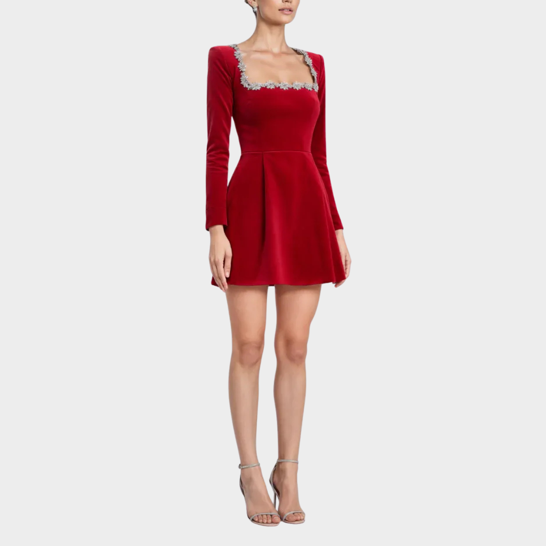 Women Short Dress – Velvet Mini with Square Collar and Diamond Embellishment – Long Sleeves – Flared Skirt – Elegant Party Wear – Multiple Colours