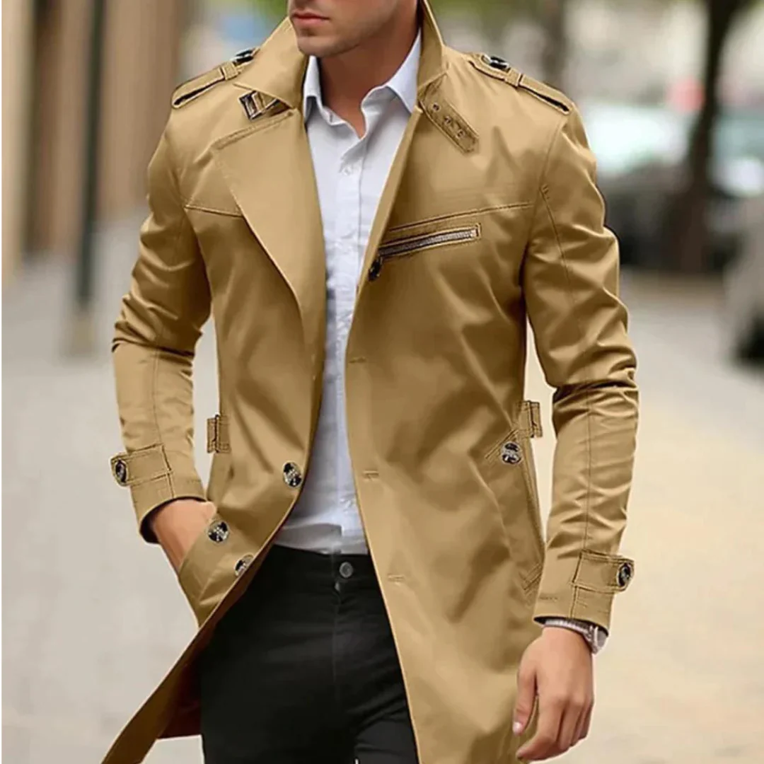 Men’s Classic Trench Coat – Long Sleeve Outerwear with Belt and Button Details – Structured Fit Water-Resistant Cotton Blend – Multiple Colours