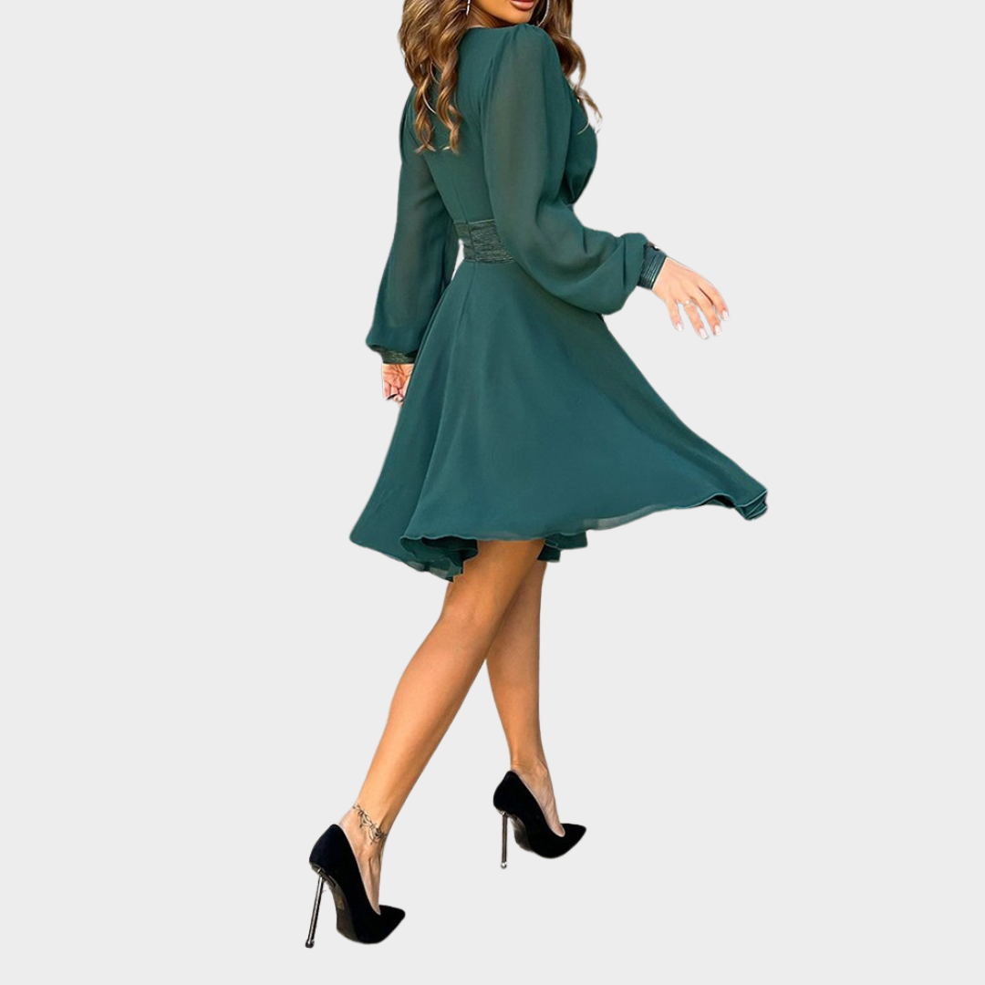 Women's Elegant Midi Dress – Deep V-Neck A-Line Dress – Long Sleeve Chiffon Dress – Formal Party Wear – Multiple Colours