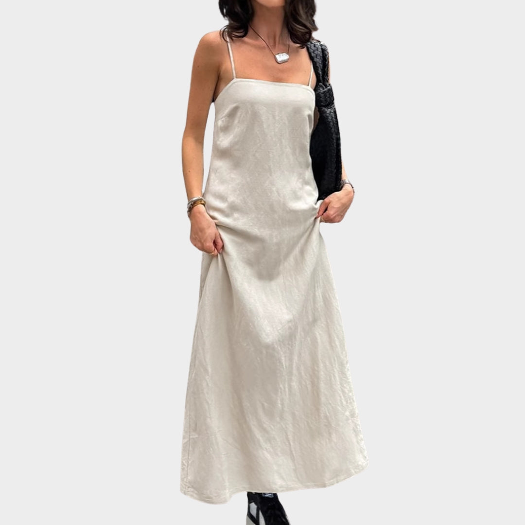 Women's Cotton Linen Maxi Dress - Spaghetti Strap - Loose A-Line Fit - Lightweight & Breathable - Khaki