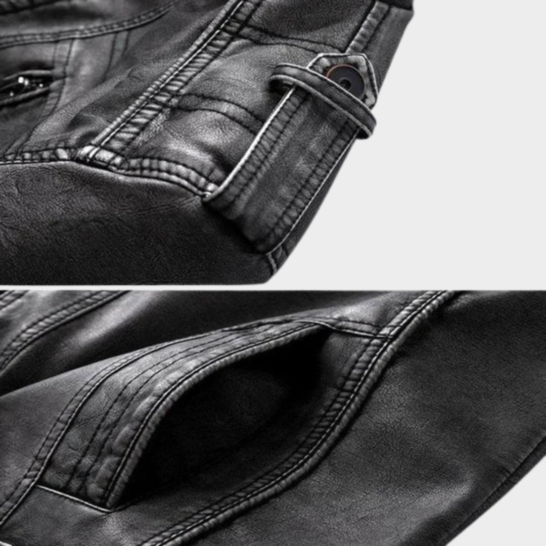 Men's Leather Biker Jacket – Vintage PU Motorcycle Coat – Stand Collar – Thick Durable Outerwear – Black