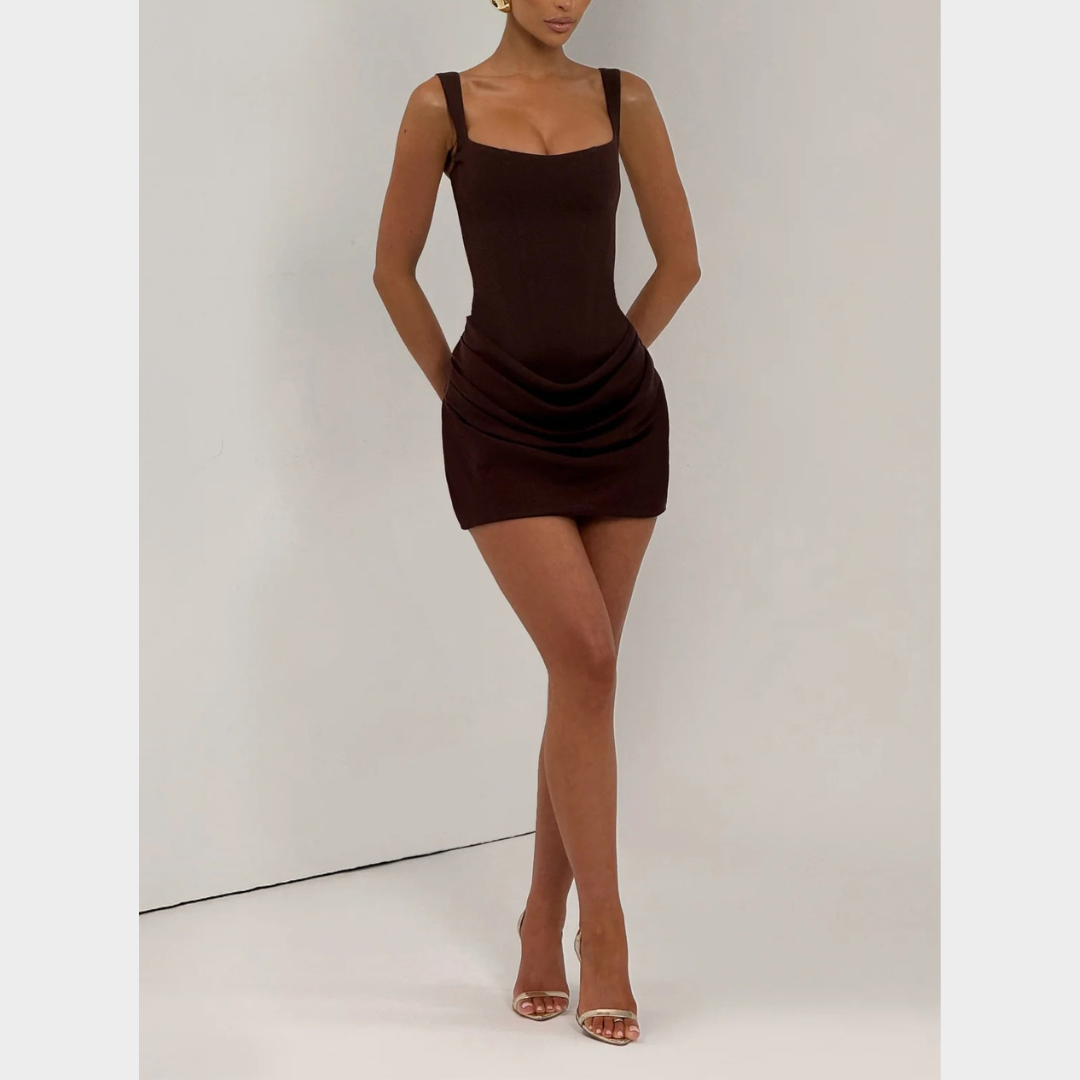 Women Pleated Mini Dress – Sleeveless Square Neck Slim Fit Short Evening Dress with Lace Up Back and Satin Pleated Skirt – Multiple Colours