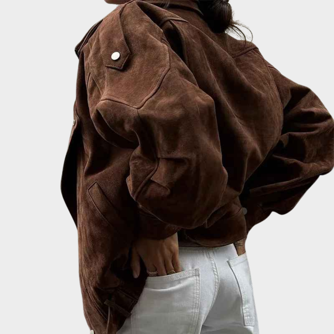 Women's Cropped Jacket - Vintage Lapel Coat - Zipper Front - Padded Shoulders - Dark Brown