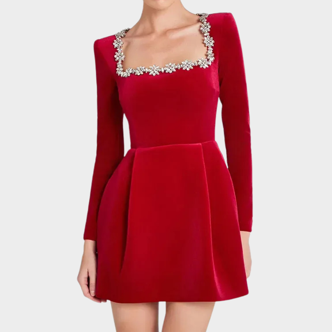 Women Velvet Crystal Dress – Elegant Evening Wear with Square Neckline and Crystal Embellishments – Slim Structured Fit – Multiple Colours