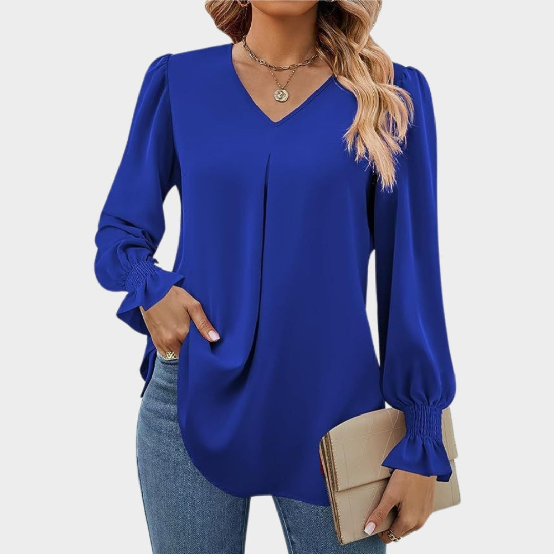 Women’s Chiffon V-Neck Blouse - Long Flared Sleeve Shirt, Loose Fit, Elegant Office Top