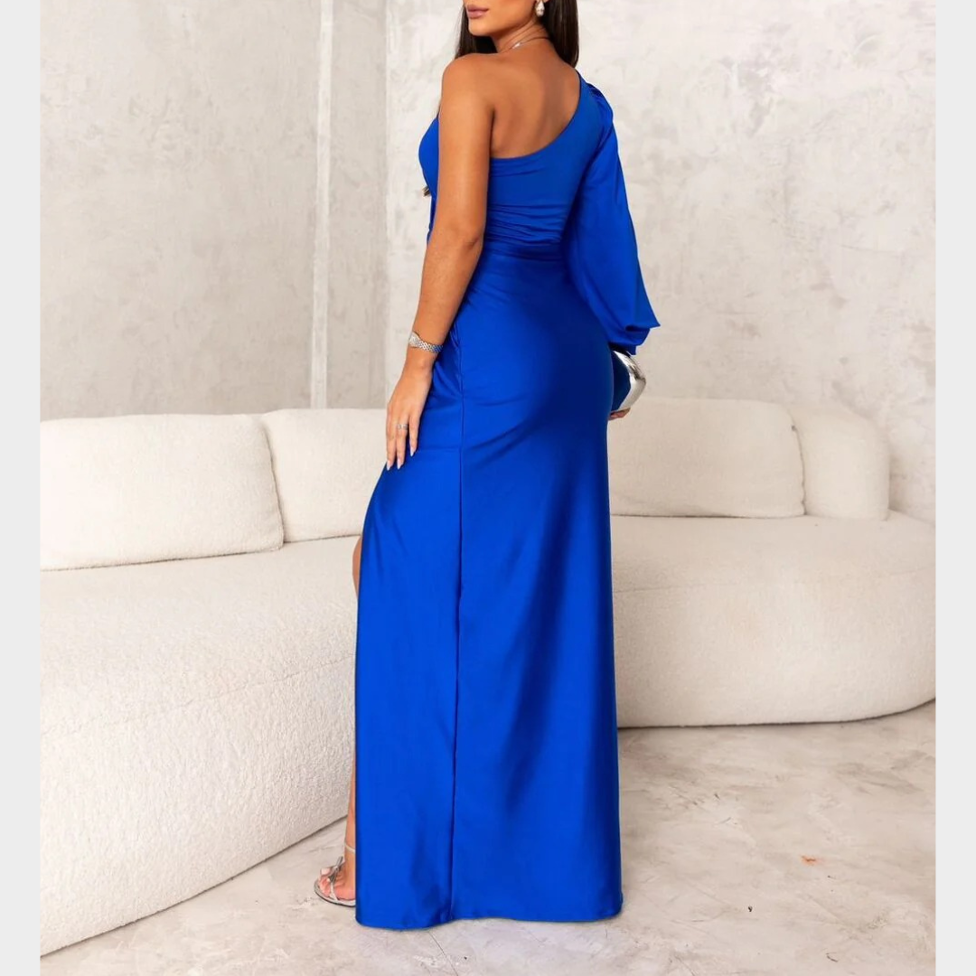 Women Evening Maxi Dress – Elegant Party Long Dress with Backless Split Design and Diagonal Collar Tight Waist Silhouette – Multiple Colours
