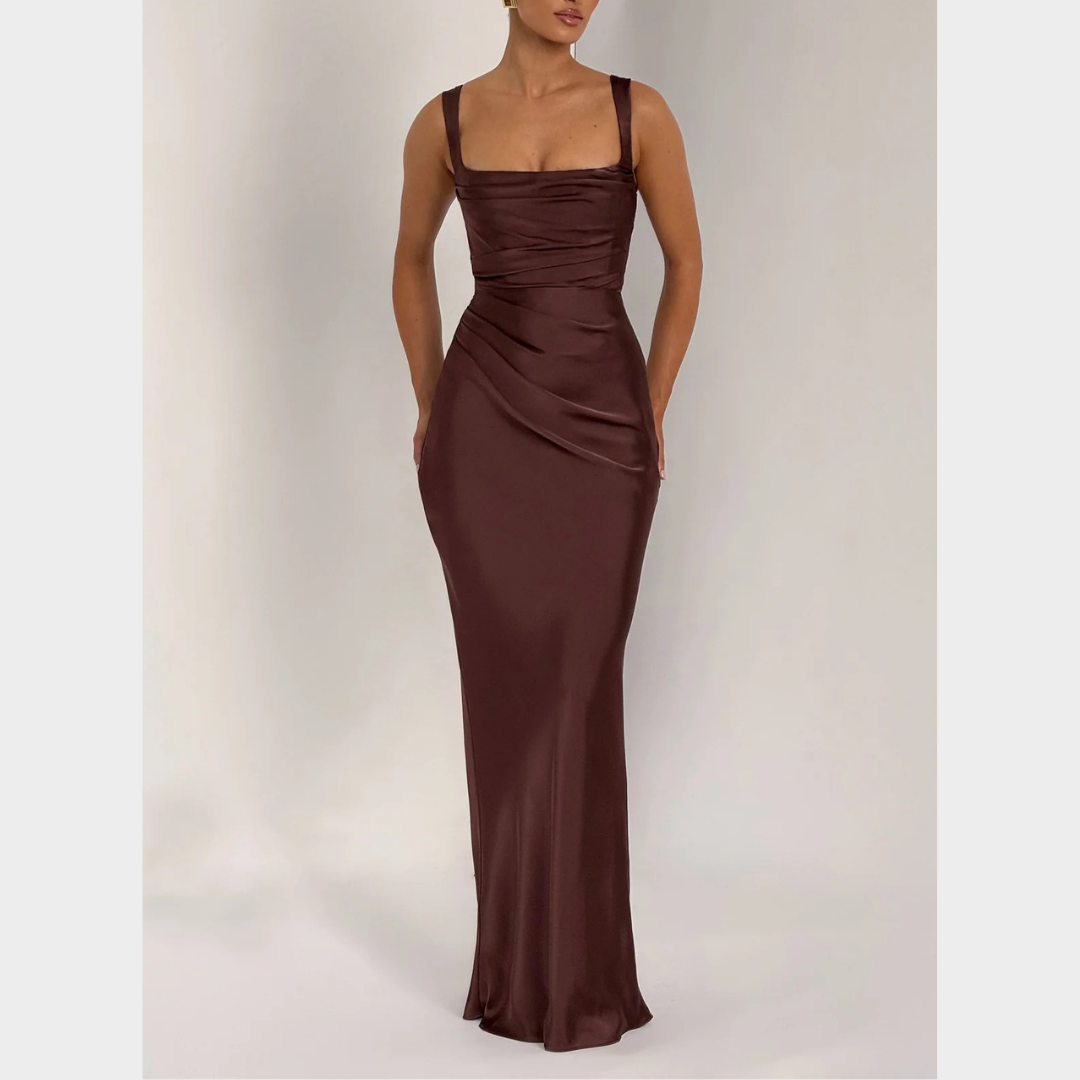 Women Slim Fit Satin Maxi Dress – Elegant Long Dress with Pleated Bodice Square Neckline and Lace Up Back – Multiple Colours