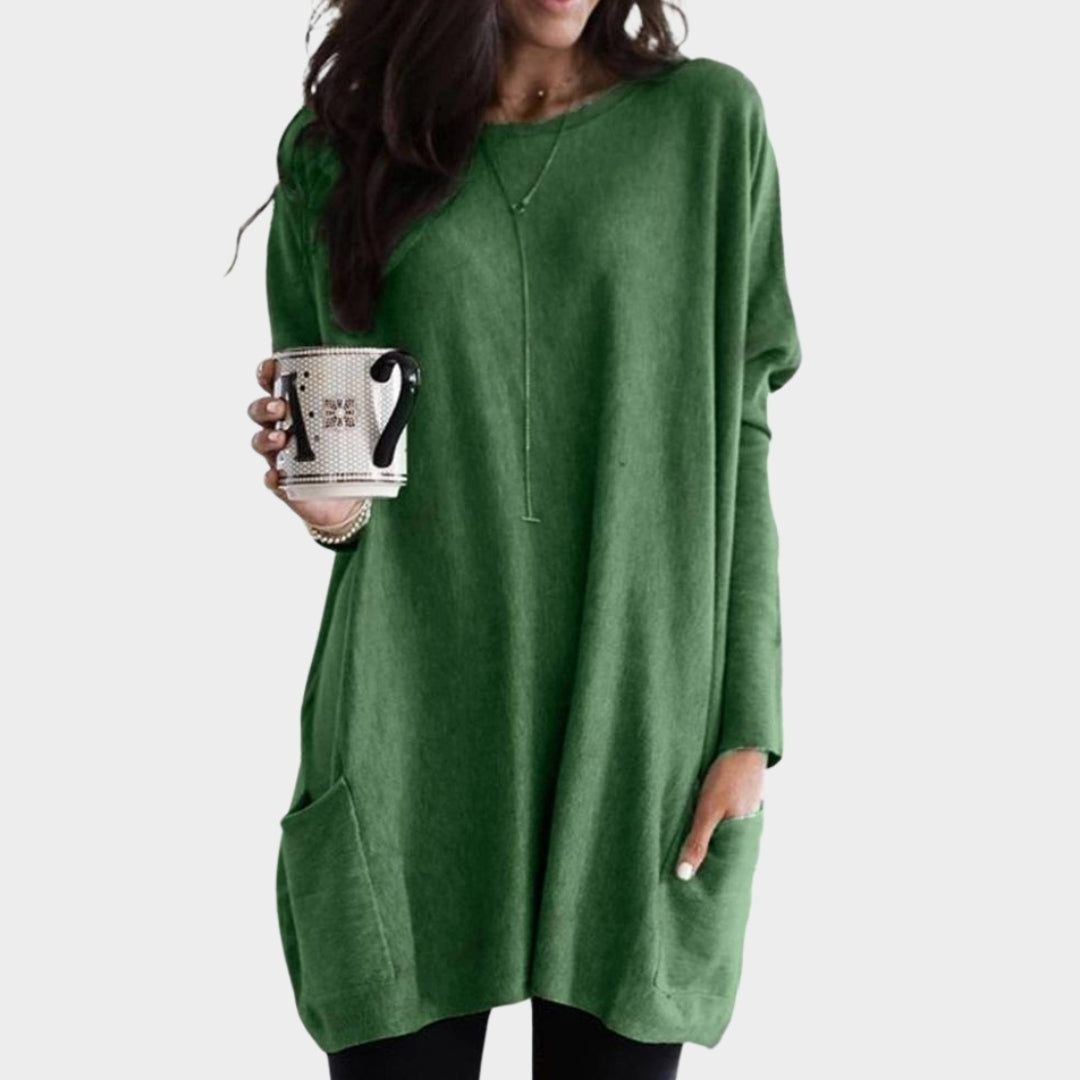 Women’s Long Sleeve Tunic Top - Casual Loose Sweater with Pockets, Plus Size Pullover, Grey, Black, Peacock Blue, and More