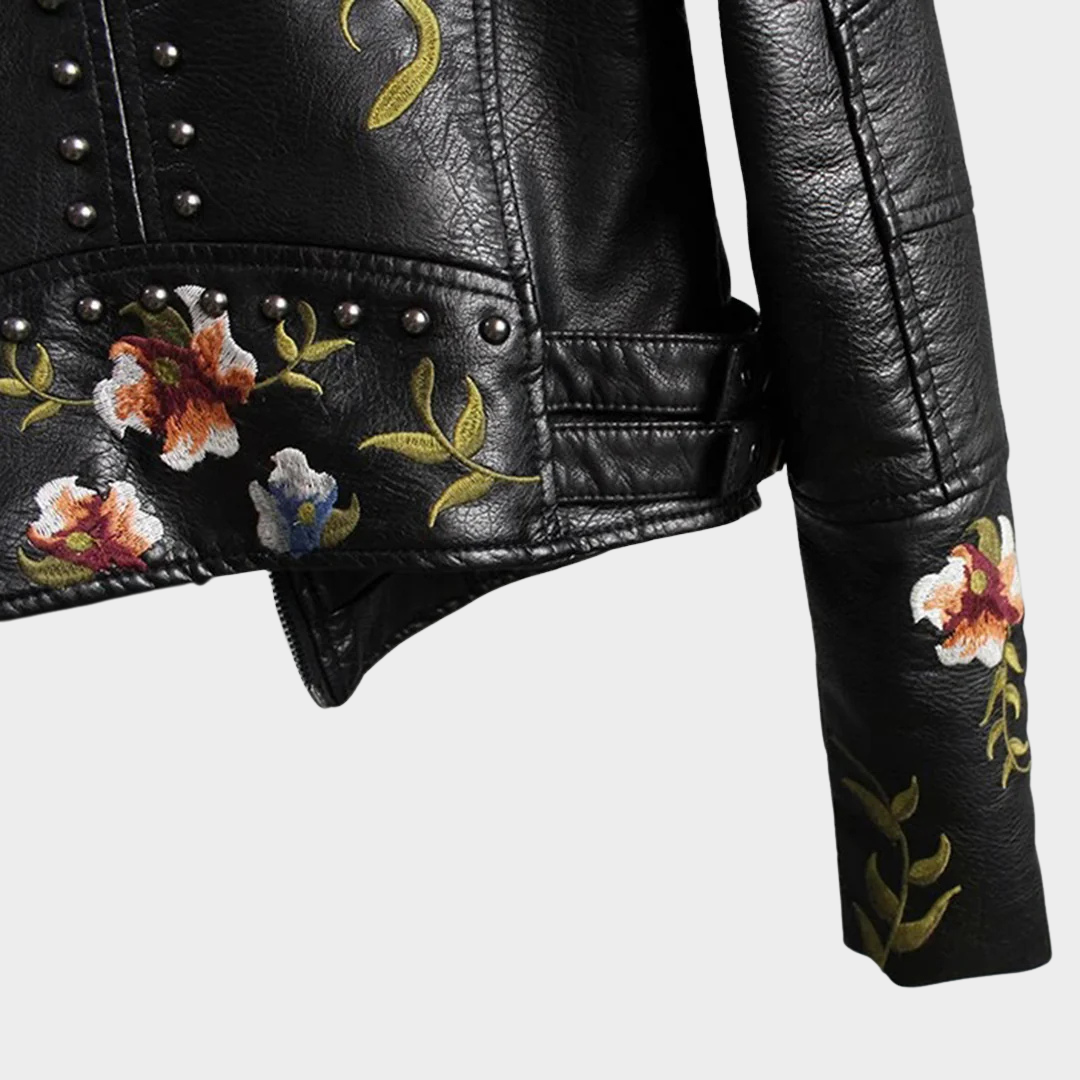 Women's Faux Leather Jacket – Floral Embroidery – PU Motorcycle Coat – Casual Outerwear – Multiple Colours
