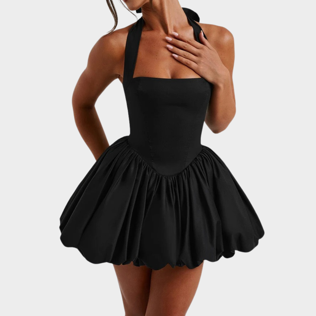 Women’s Mini Dress – Square Halter Neckline – Puffball Skirt – Lace Up Back – Princess Seam Detailing – Premium Cotton Blend – Multiple Colours