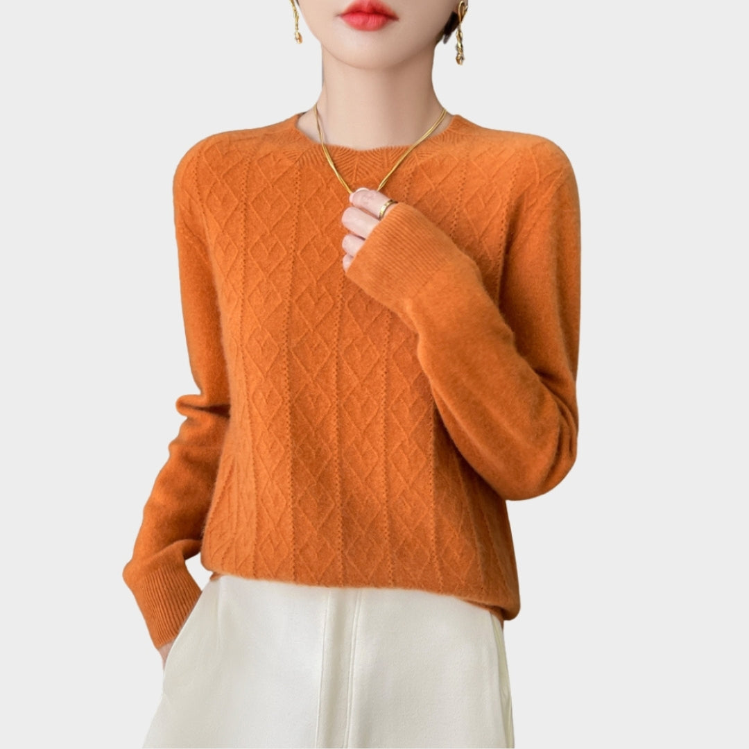 Women’s Merino Wool Hollow Out Sweater - O-neck Pullover, Long Sleeve, Cashmere Blend, Pumpkin, Lake Blue, and More
