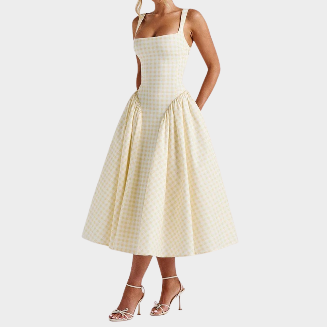 Women’s Midi Dress – Gingham Print with Fitted Bodice – Lace Up Back – Square Neckline – Flowing Skirt – Multiple Colours