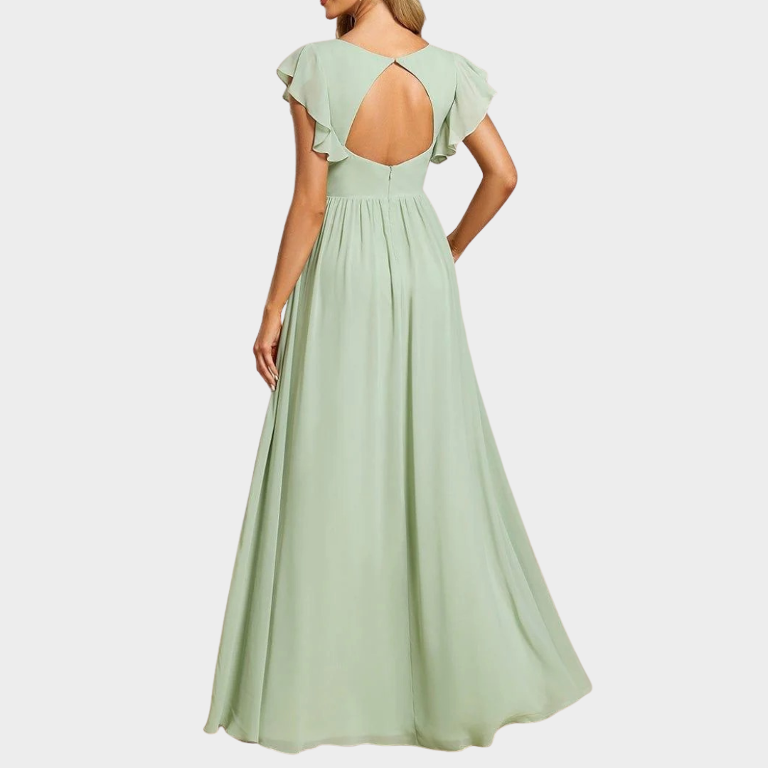 Women’s V-Neck Bridesmaid Dress – Elegant Chiffon Gown with Ruffled Sleeves and Open Back – Multiple Colours