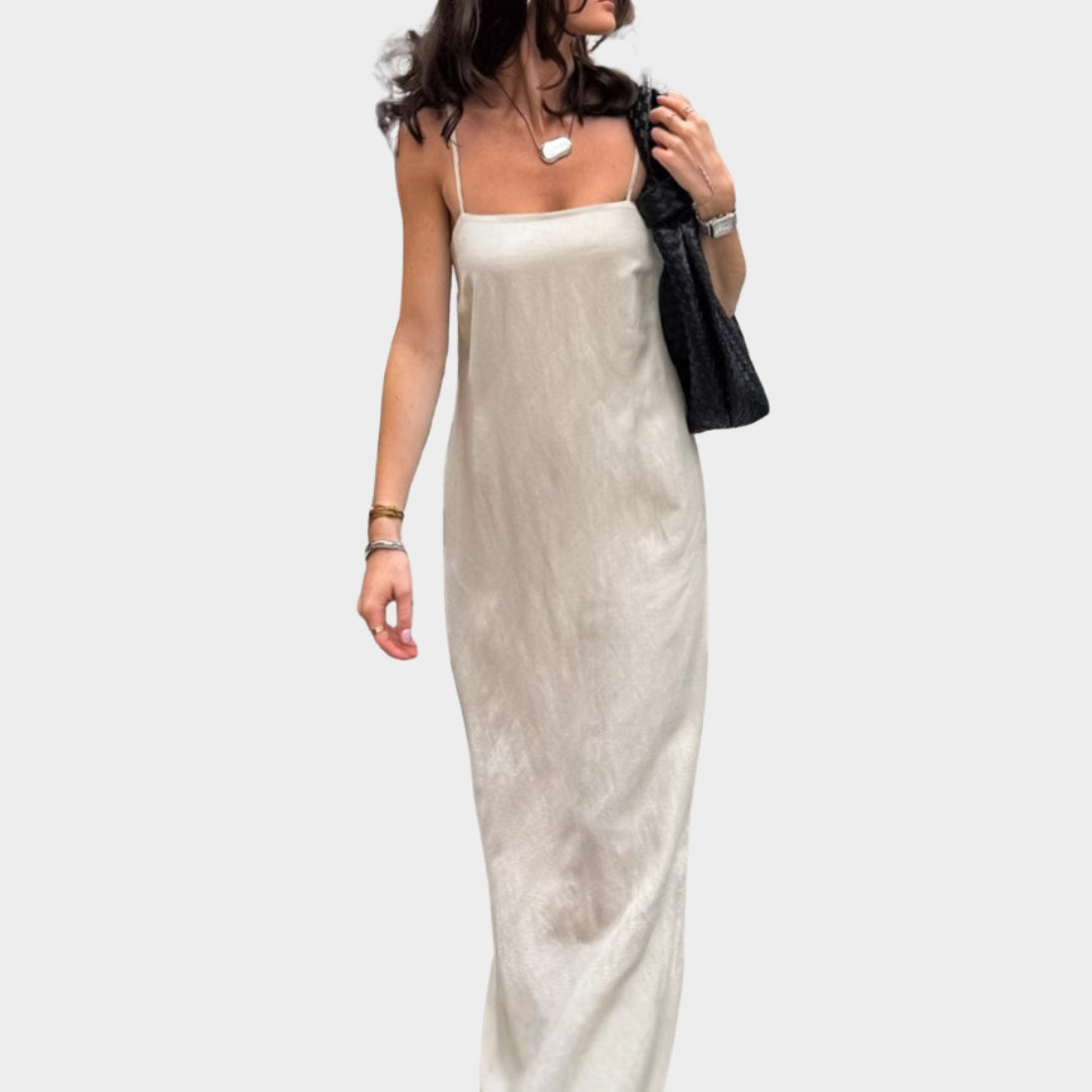 Women's Cotton Linen Maxi Dress - Spaghetti Strap - Loose A-Line Fit - Lightweight & Breathable - Khaki