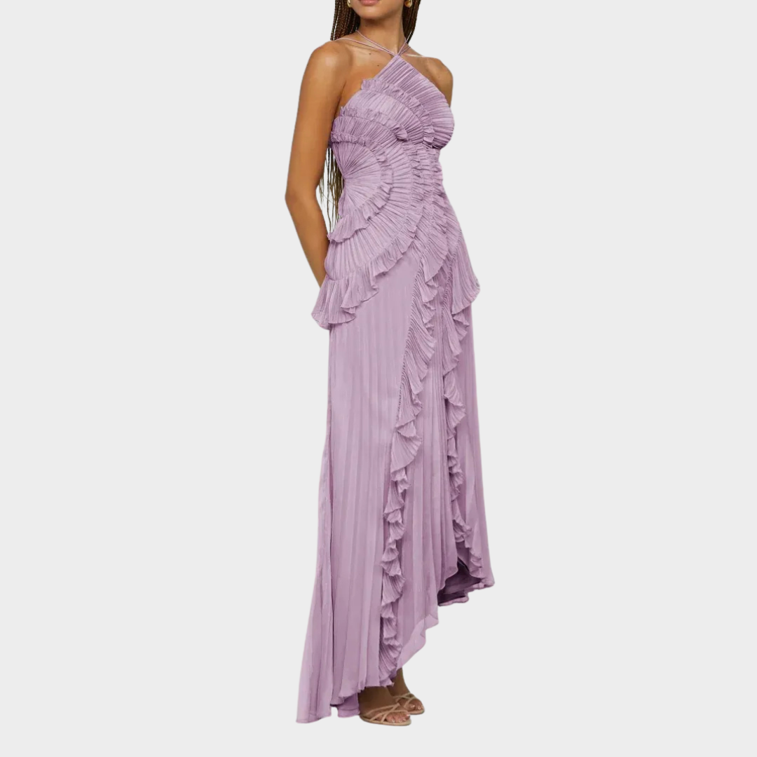 Women Pleated Frill Halter Neck Maxi Dress – Elegant Sleeveless High Stretch Dress with Asymmetrical Hem and Flowing Pleated Texture – Multiple Colours