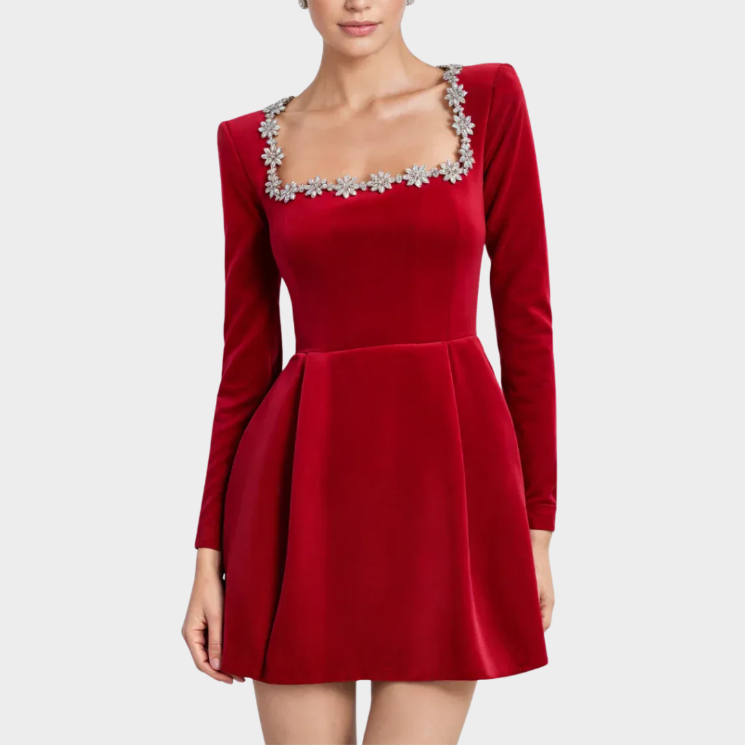 Women Short Dress – Velvet Mini with Square Collar and Diamond Embellishment – Long Sleeves – Flared Skirt – Elegant Party Wear – Multiple Colours