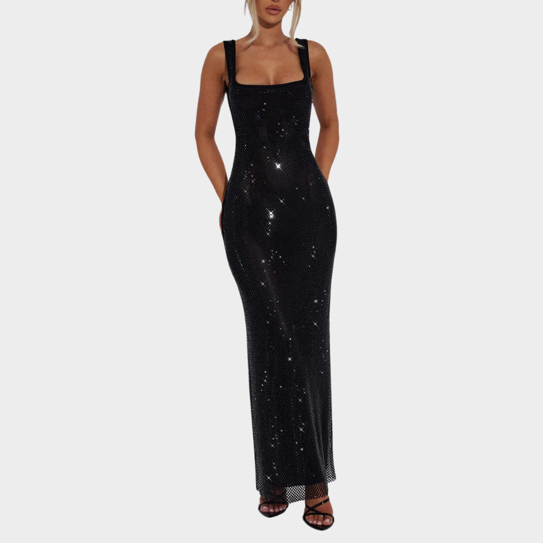 Women Petra Maxi Dress – Elegant Evening Long Dress with Rhinestone Embellished Stretch Net and Square Neckline – Multiple Colours