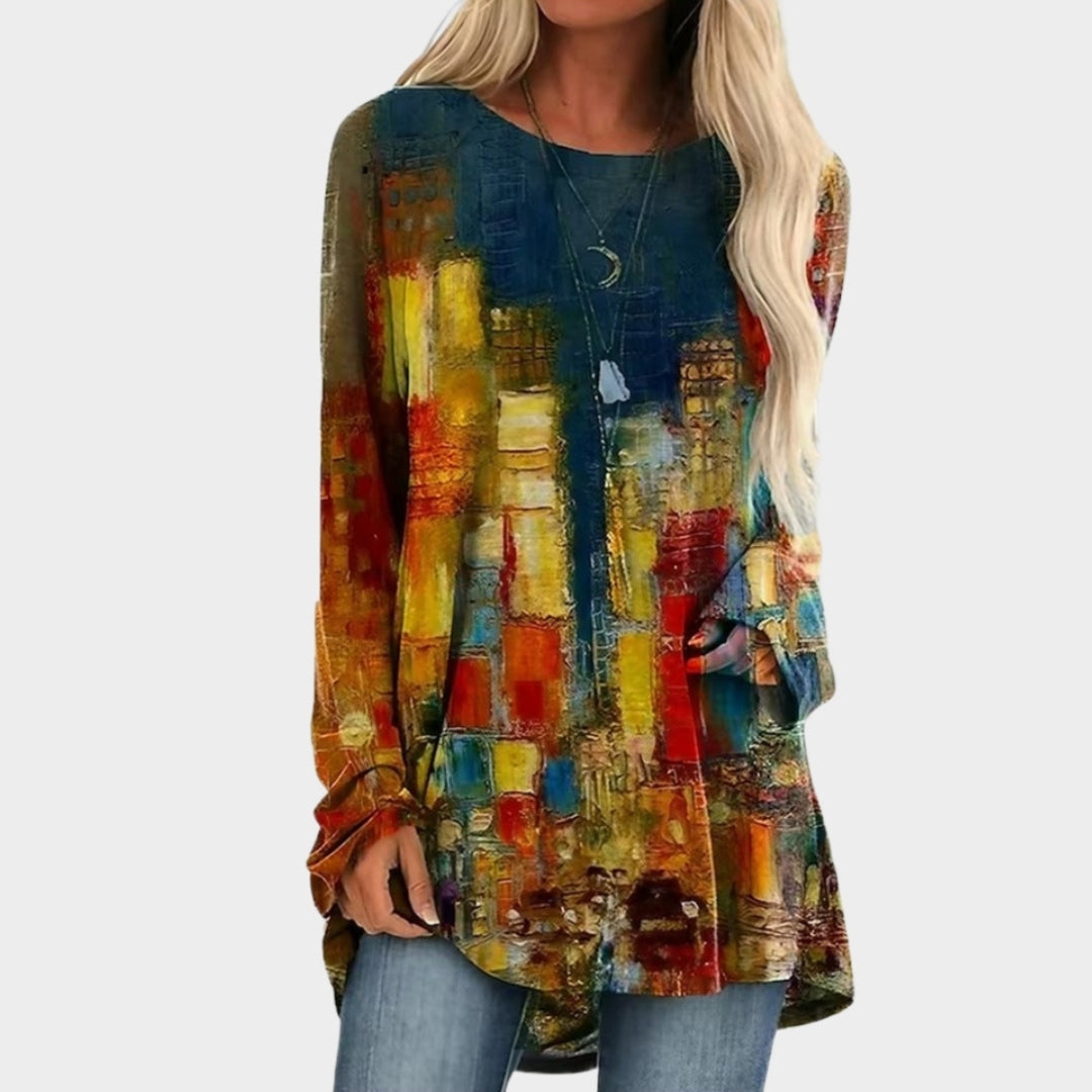 Winter Women’s Long Sleeve T-Shirt - Round Neck, Loose Fit, Printed Top (Green/Red, Brown/Blue, and More)