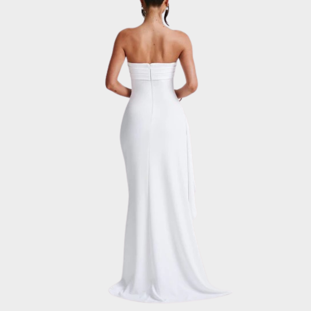 Women’s Maxi Dress – Strapless Bodycon Fit with Pleated Bust, Thigh High Split and Draped Detail in Luxury Stretch Crepe – Multiple Colours