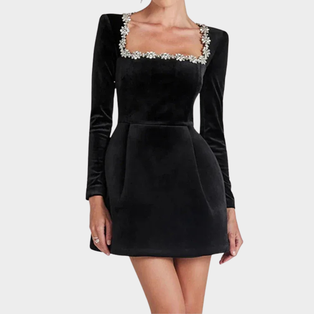Women Velvet Crystal Dress – Elegant Evening Wear with Square Neckline and Crystal Embellishments – Slim Structured Fit – Multiple Colours