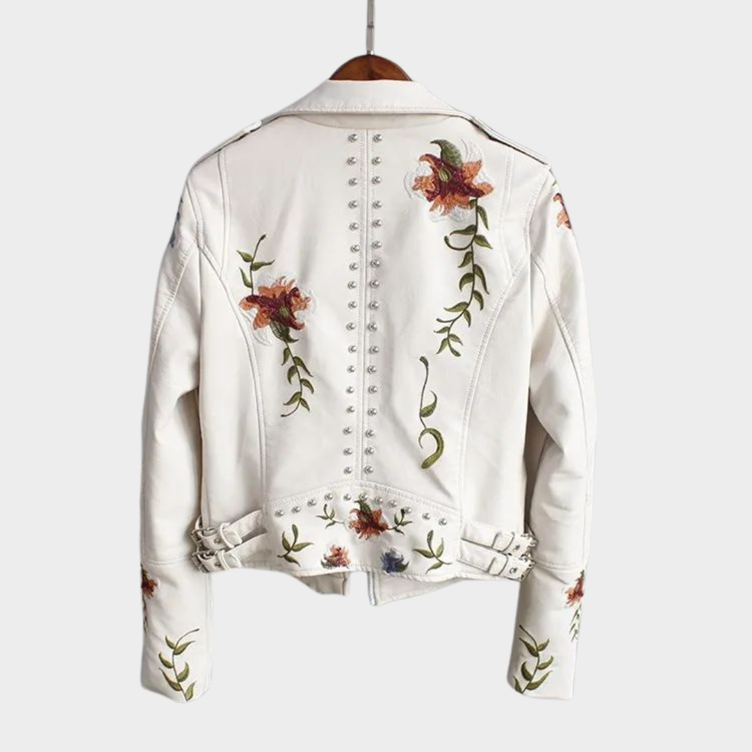 Women's Faux Leather Jacket – Floral Embroidery – PU Motorcycle Coat – Casual Outerwear – Multiple Colours