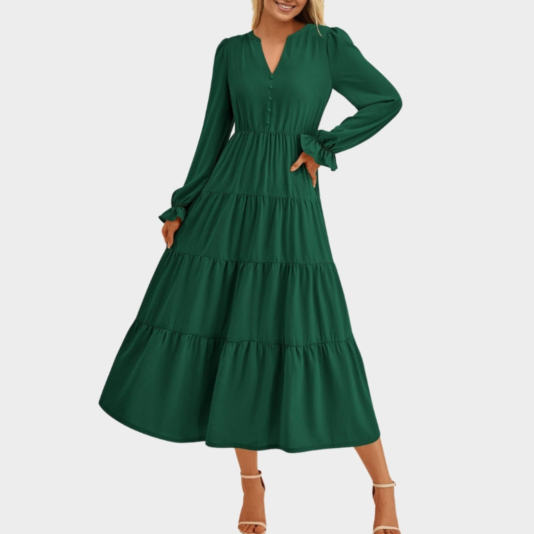 Women’s High-Waist A-Line Dress - V-Neck, Layered Ruffles, Button Embellished, Long Sleeve, Wine, Black, and More