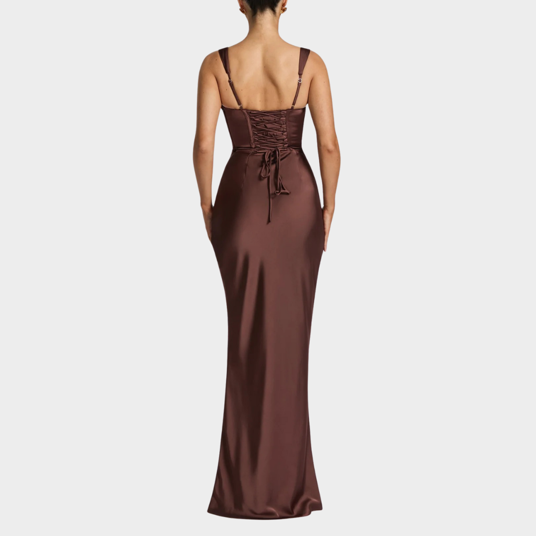 Women Slim Fit Satin Maxi Dress – Elegant Long Dress with Pleated Bodice Square Neckline and Lace Up Back – Multiple Colours