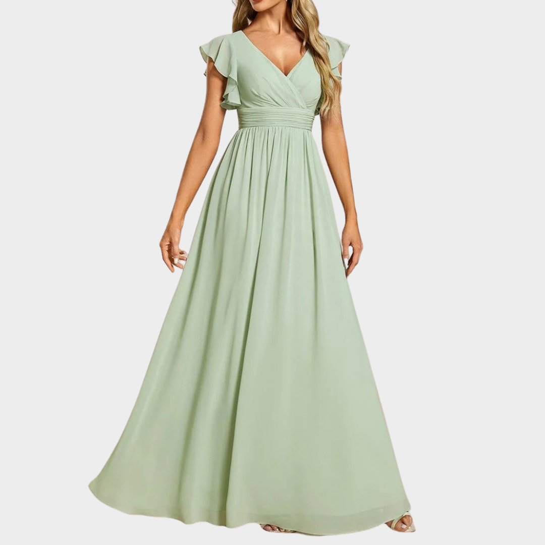 Women’s V-Neck Bridesmaid Dress – Elegant Chiffon Gown with Ruffled Sleeves and Open Back – Multiple Colours