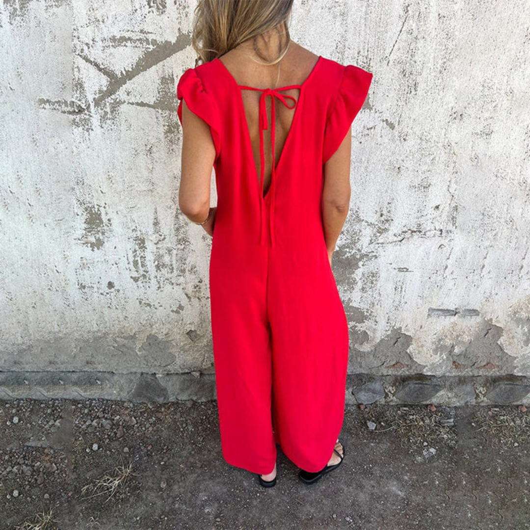 Women's Jumpsuit – V-Neck – Short Sleeve – Ruffle Detail – Leopard Print – Multiple Colours