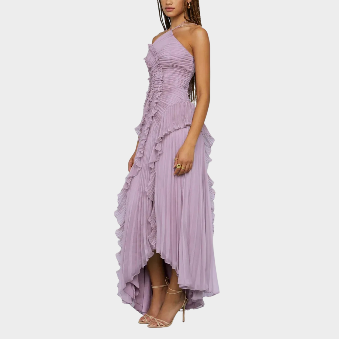 Women Pleated Frill Halter Neck Maxi Dress – Elegant Sleeveless High Stretch Dress with Asymmetrical Hem and Flowing Pleated Texture – Multiple Colours
