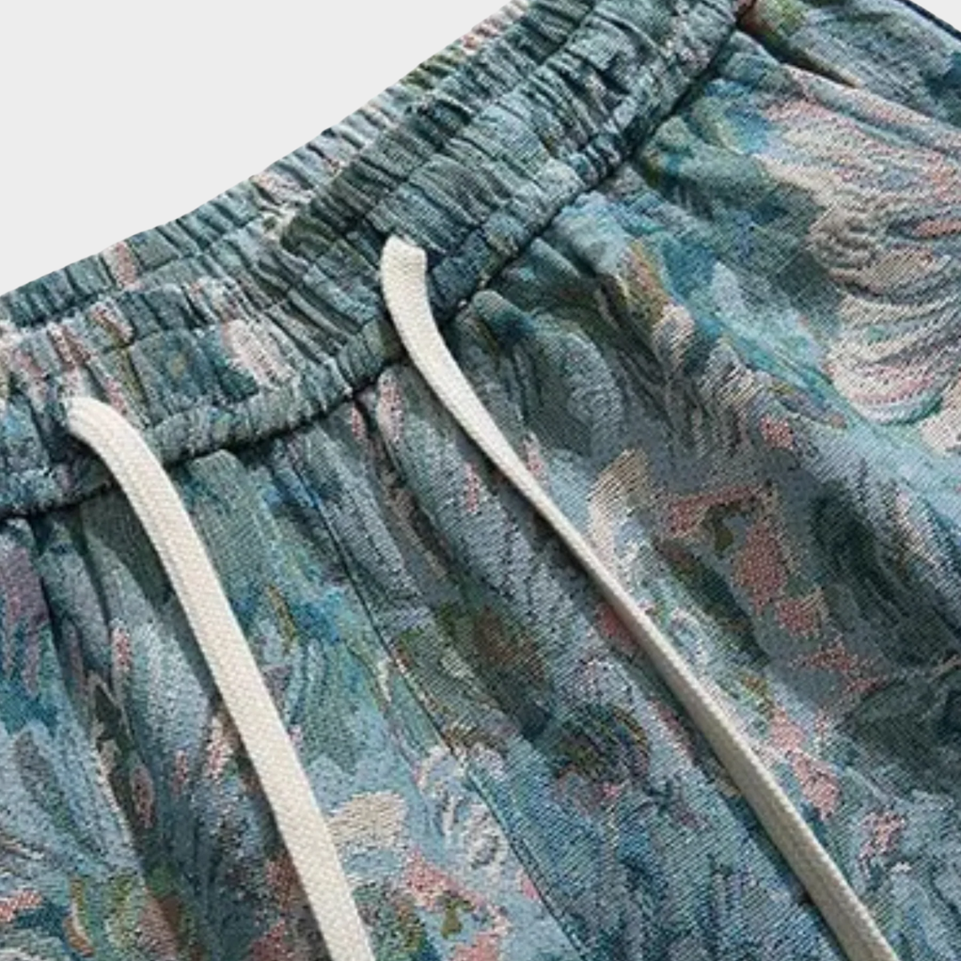 Men’s Retro Jacquard Drawstring Shorts – Casual Loose Fit Beach Pants PU Fabric – Multiple Colours