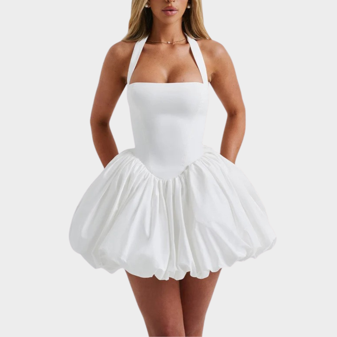 Women’s Mini Dress – Square Halter Neckline – Puffball Skirt – Lace Up Back – Princess Seam Detailing – Premium Cotton Blend – Multiple Colours
