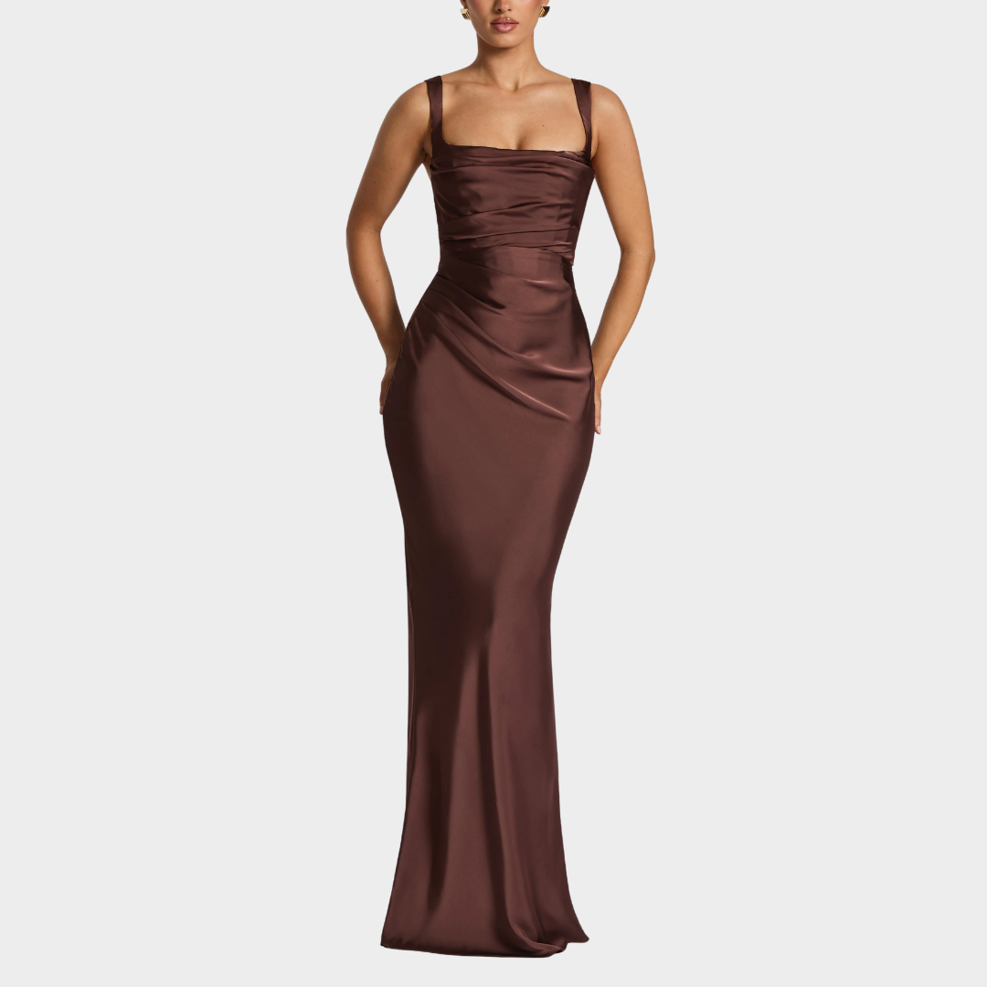 Women Slim Fit Satin Maxi Dress – Elegant Long Dress with Pleated Bodice Square Neckline and Lace Up Back – Multiple Colours