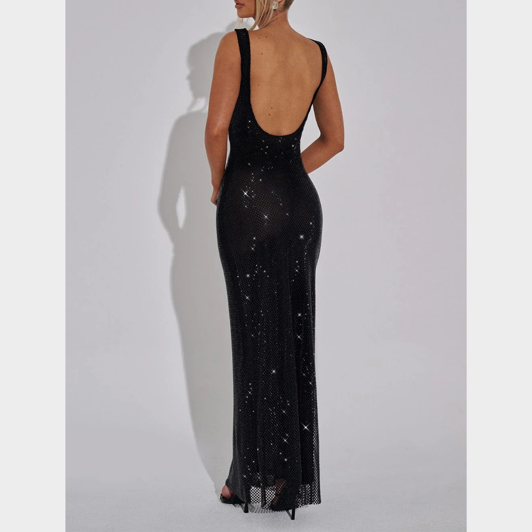 Women Petra Maxi Dress – Elegant Evening Long Dress with Rhinestone Embellished Stretch Net and Square Neckline – Multiple Colours
