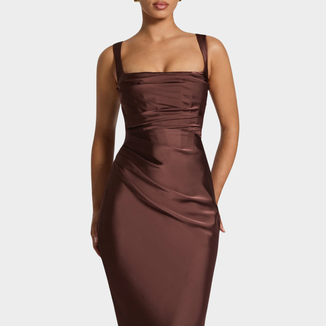 Women Slim Fit Satin Maxi Dress – Elegant Long Dress with Pleated Bodice Square Neckline and Lace Up Back – Multiple Colours