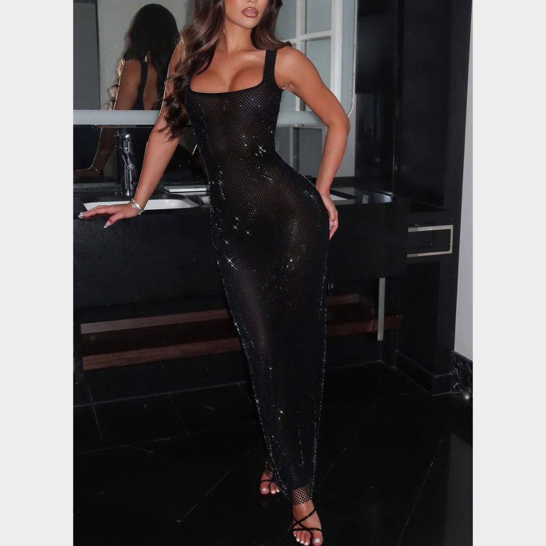 Women Petra Maxi Dress – Elegant Evening Long Dress with Rhinestone Embellished Stretch Net and Square Neckline – Multiple Colours