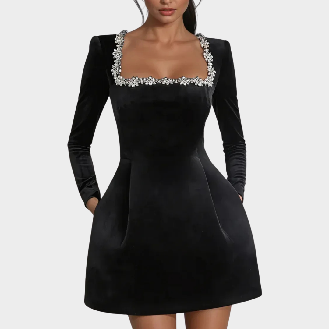 Women Short Dress – Velvet Mini with Square Collar and Diamond Embellishment – Long Sleeves – Flared Skirt – Elegant Party Wear – Multiple Colours
