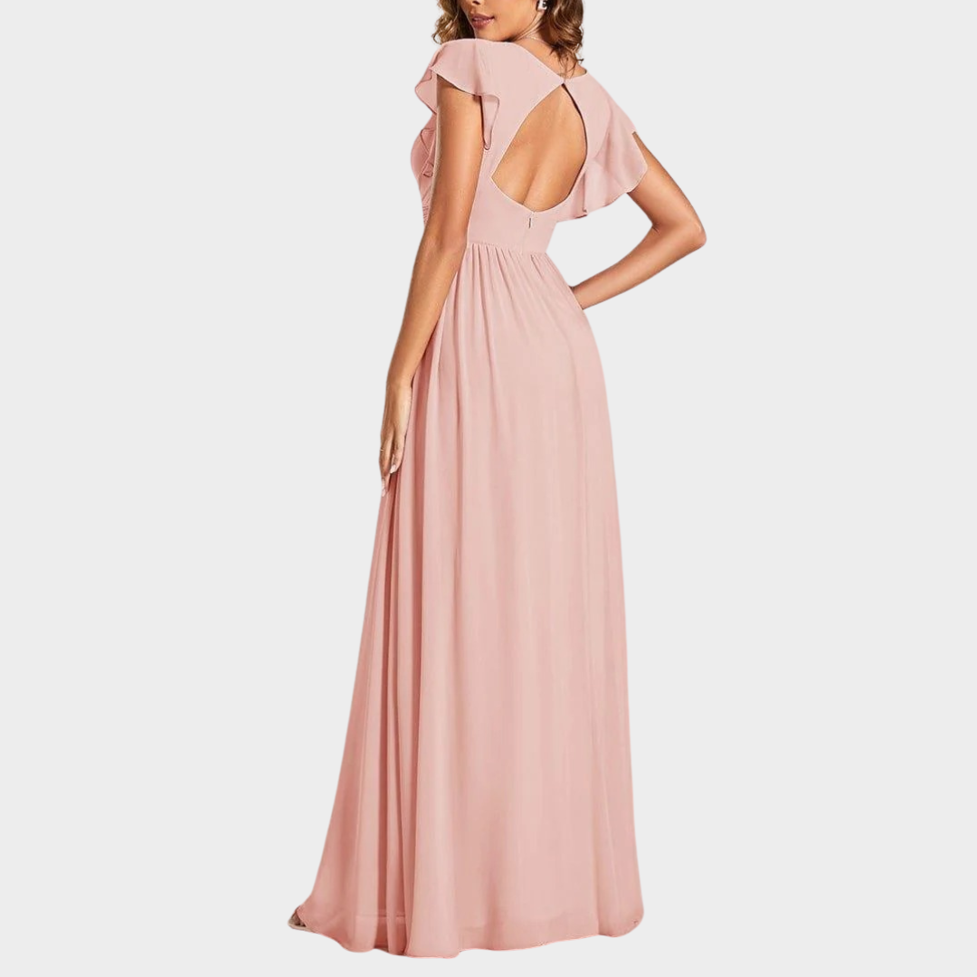 Women’s V-Neck Bridesmaid Dress – Elegant Chiffon Gown with Ruffled Sleeves and Open Back – Multiple Colours