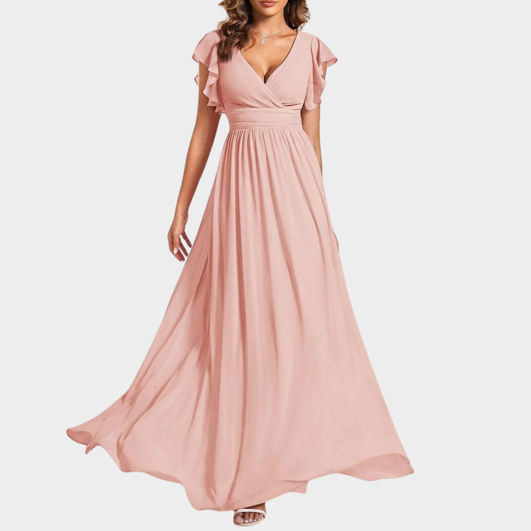 Women’s V-Neck Bridesmaid Dress – Elegant Chiffon Gown with Ruffled Sleeves and Open Back – Multiple Colours