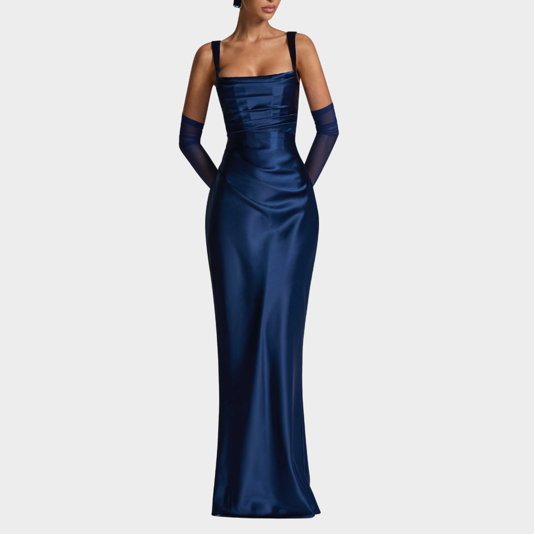 Women Slim Fit Satin Maxi Dress – Elegant Long Dress with Pleated Bodice Square Neckline and Lace Up Back – Multiple Colours