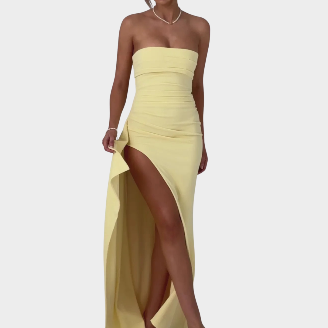 Women’s Maxi Dress – Strapless Bodycon Fit with Pleated Bust, Thigh High Split and Draped Detail in Luxury Stretch Crepe – Multiple Colours