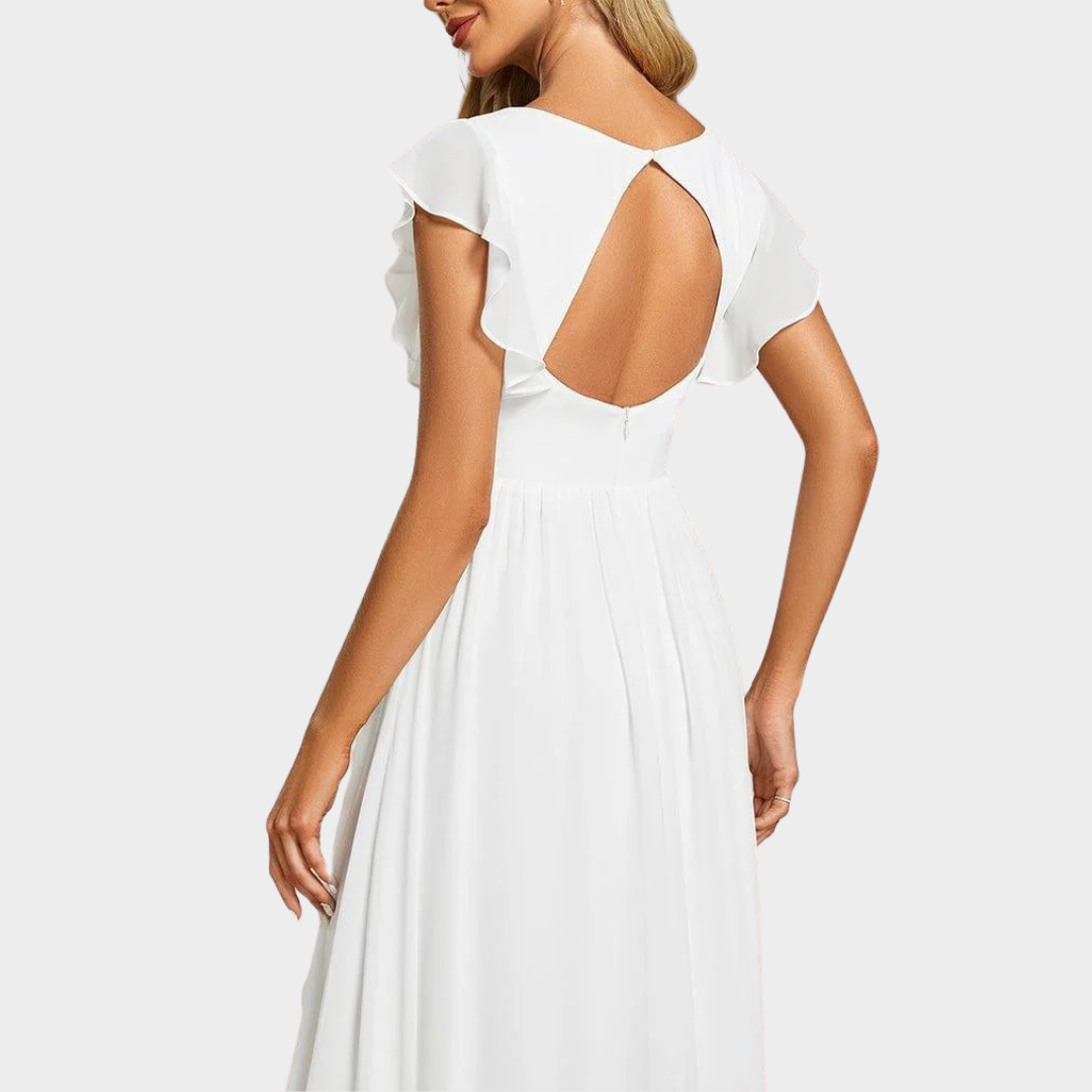 Women’s V-Neck Bridesmaid Dress – Elegant Chiffon Gown with Ruffled Sleeves and Open Back – Multiple Colours