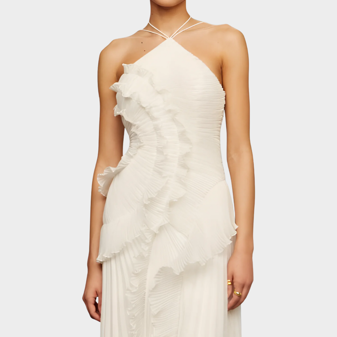 Women Pleated Frill Halter Neck Maxi Dress – Elegant Sleeveless High Stretch Dress with Asymmetrical Hem and Flowing Pleated Texture – Multiple Colours