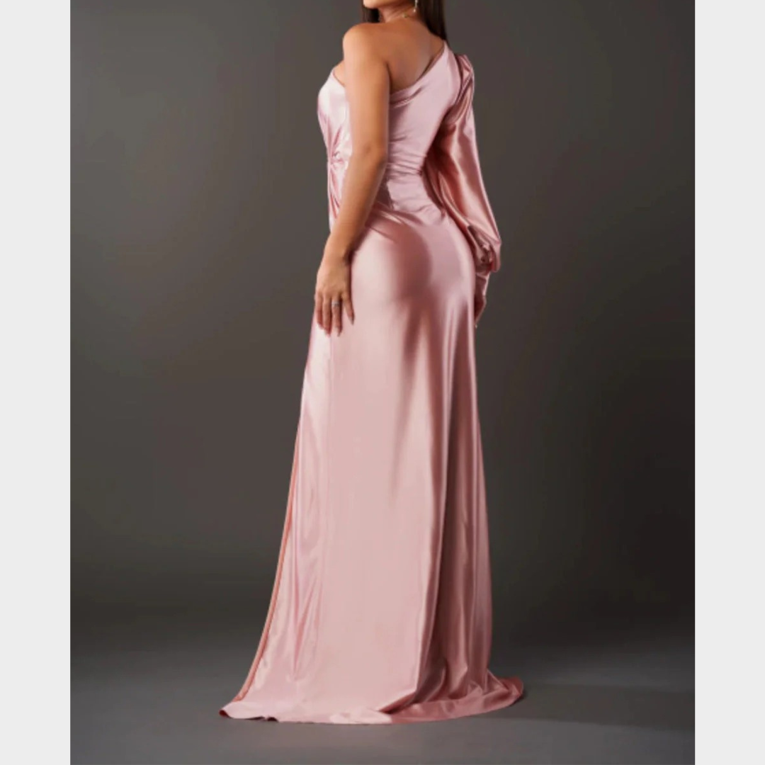 Women Evening Maxi Dress – Elegant Party Long Dress with Backless Split Design and Diagonal Collar Tight Waist Silhouette – Multiple Colours