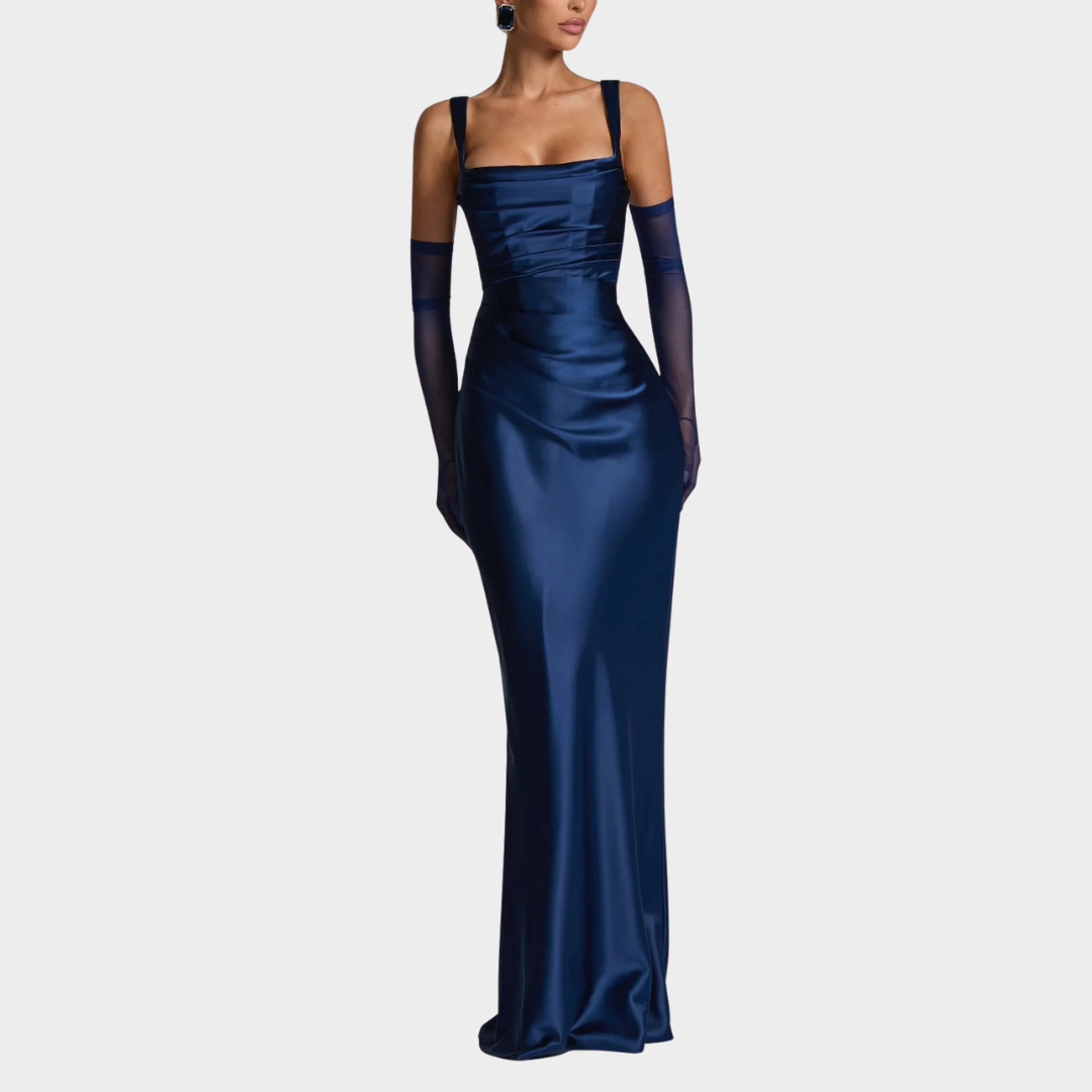 Women Slim Fit Satin Maxi Dress – Elegant Long Dress with Pleated Bodice Square Neckline and Lace Up Back – Multiple Colours