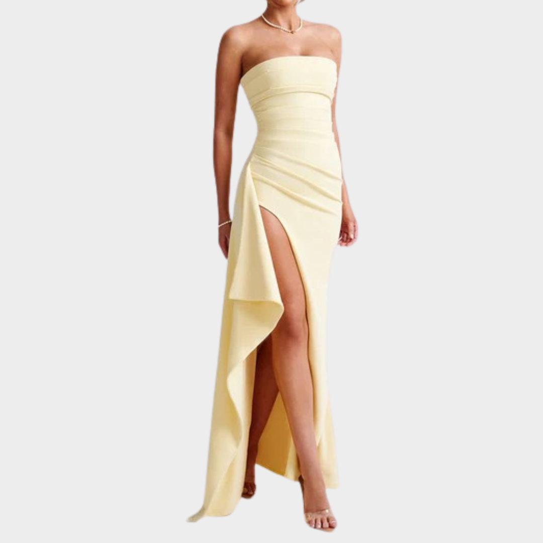 Women’s Maxi Dress – Strapless Bodycon Fit with Pleated Bust, Thigh High Split and Draped Detail in Luxury Stretch Crepe – Multiple Colours