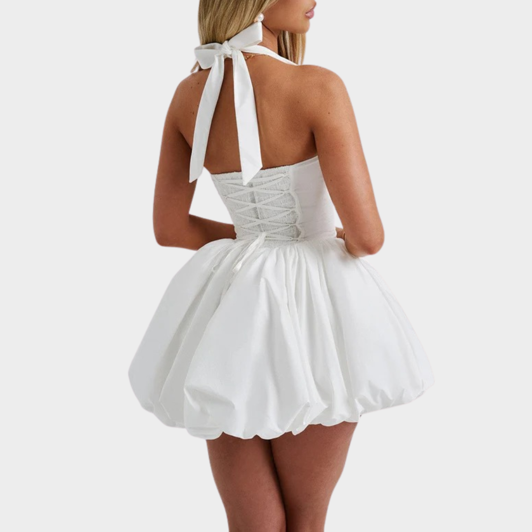 Women’s Mini Dress – Square Halter Neckline – Puffball Skirt – Lace Up Back – Princess Seam Detailing – Premium Cotton Blend – Multiple Colours